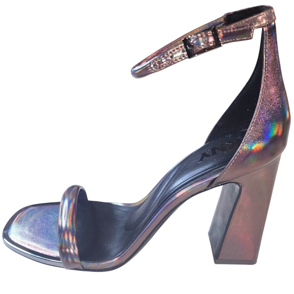 DKNY Waylin Ankle Strap Sandals Gunmetal Holographic Block Heel K4497313 US 10